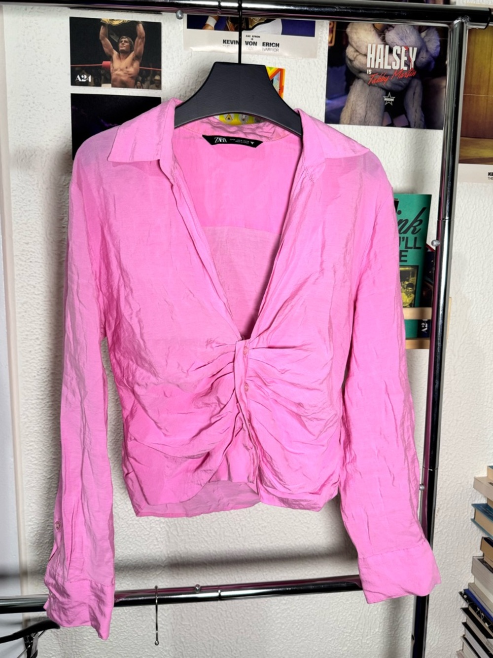 Zara Pink Ruched Button Front Blouse - Picture 3 of 4